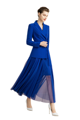Royal Blue V-neck With Pleated Skirt Blazer Skirt Suits - FashionByTeresa